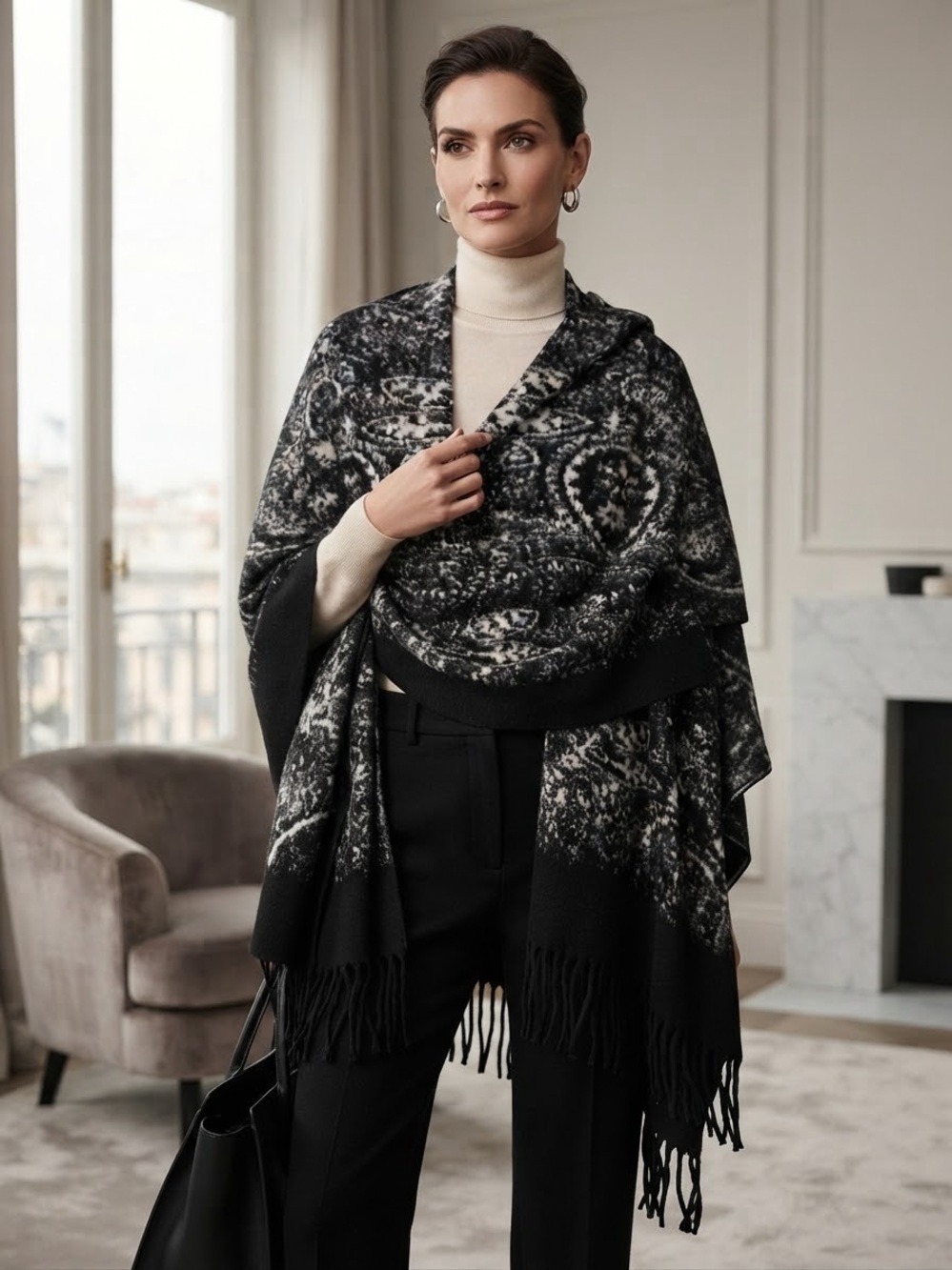 Cashmere and Wool Black & Ivory Paisley  Fringe Shawl Wrap - Women Accessories